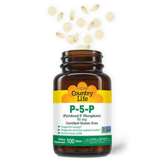 Country Life P-5-P bottle label closeup showing vegan, gluten-free, and non-GMO claims