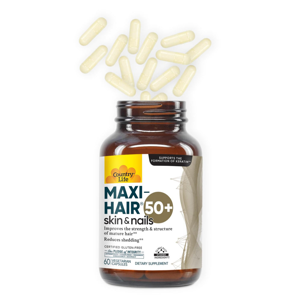 Country Life Maxi-Hair 50+ packaging is recyclable for eco-friendly use.