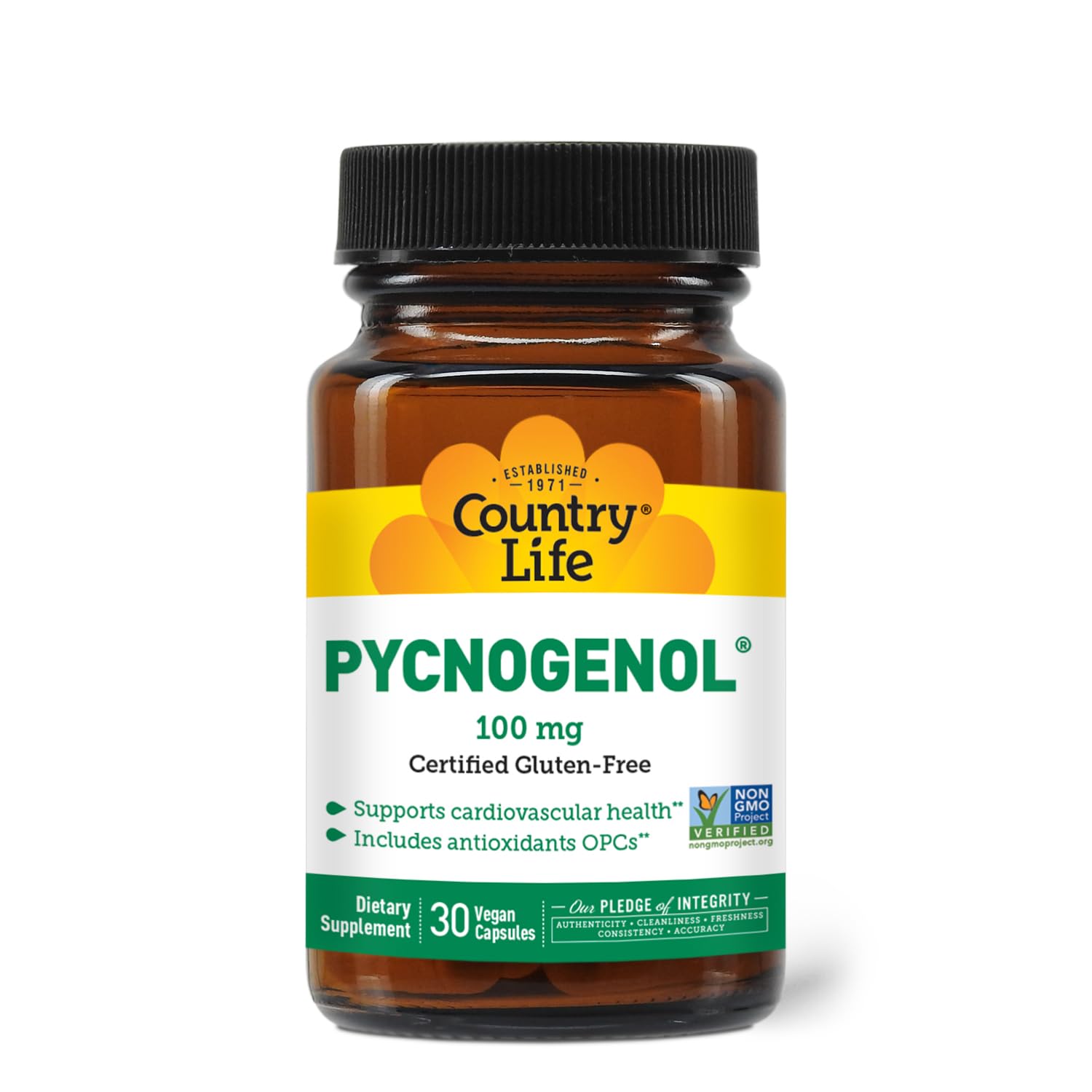 Country Life Pycnogenol 100mg bottle with capsules for daily antioxidant support.