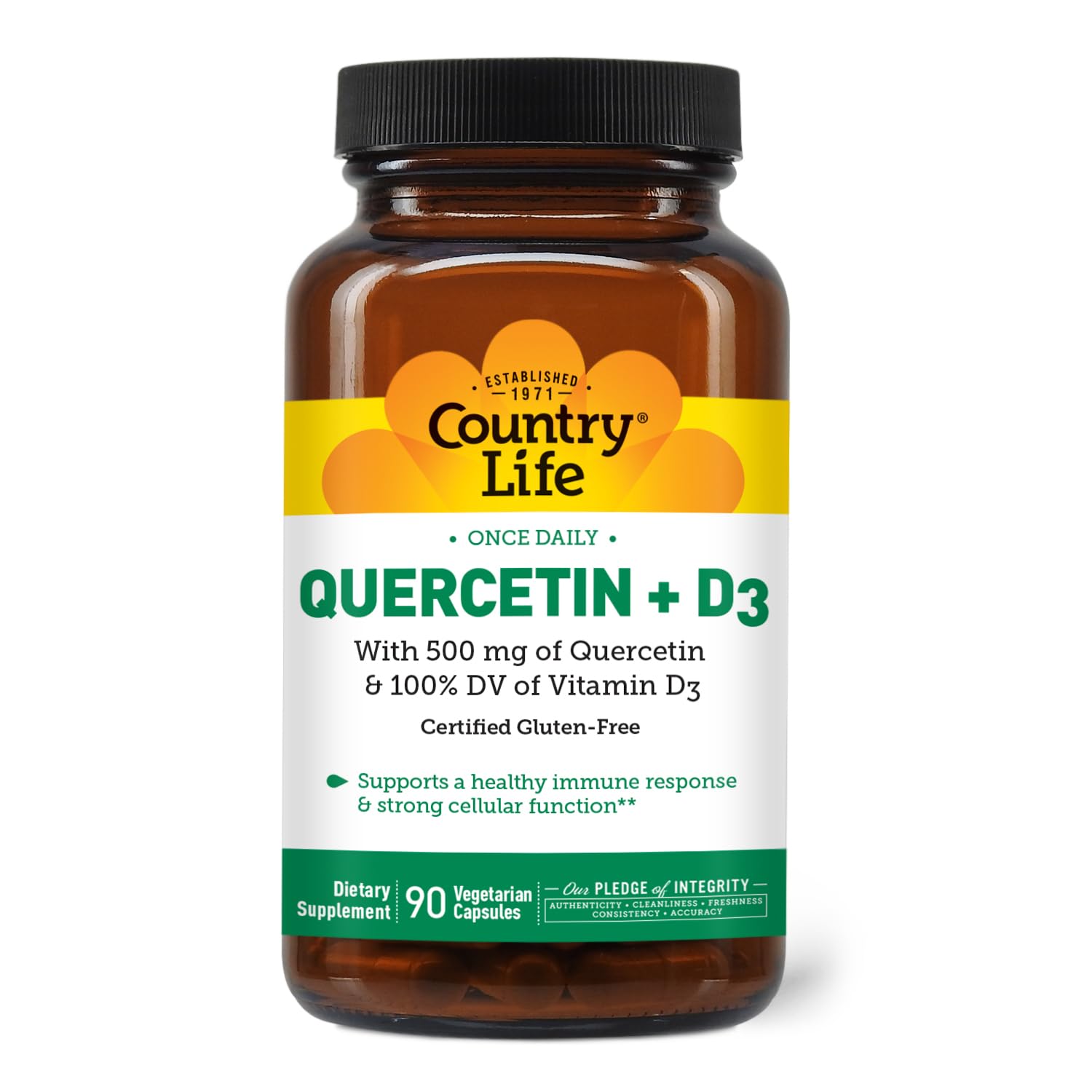 Country Life Quercetin 500mg bottle, premium immune support for daily wellness.