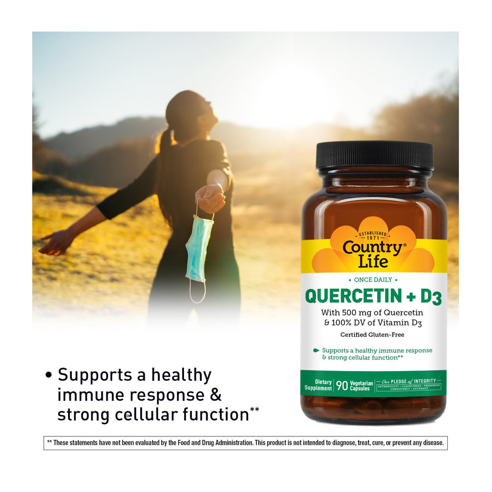Close-up of Country Life Quercetin capsules, vegetarian formula for daily immune health.
