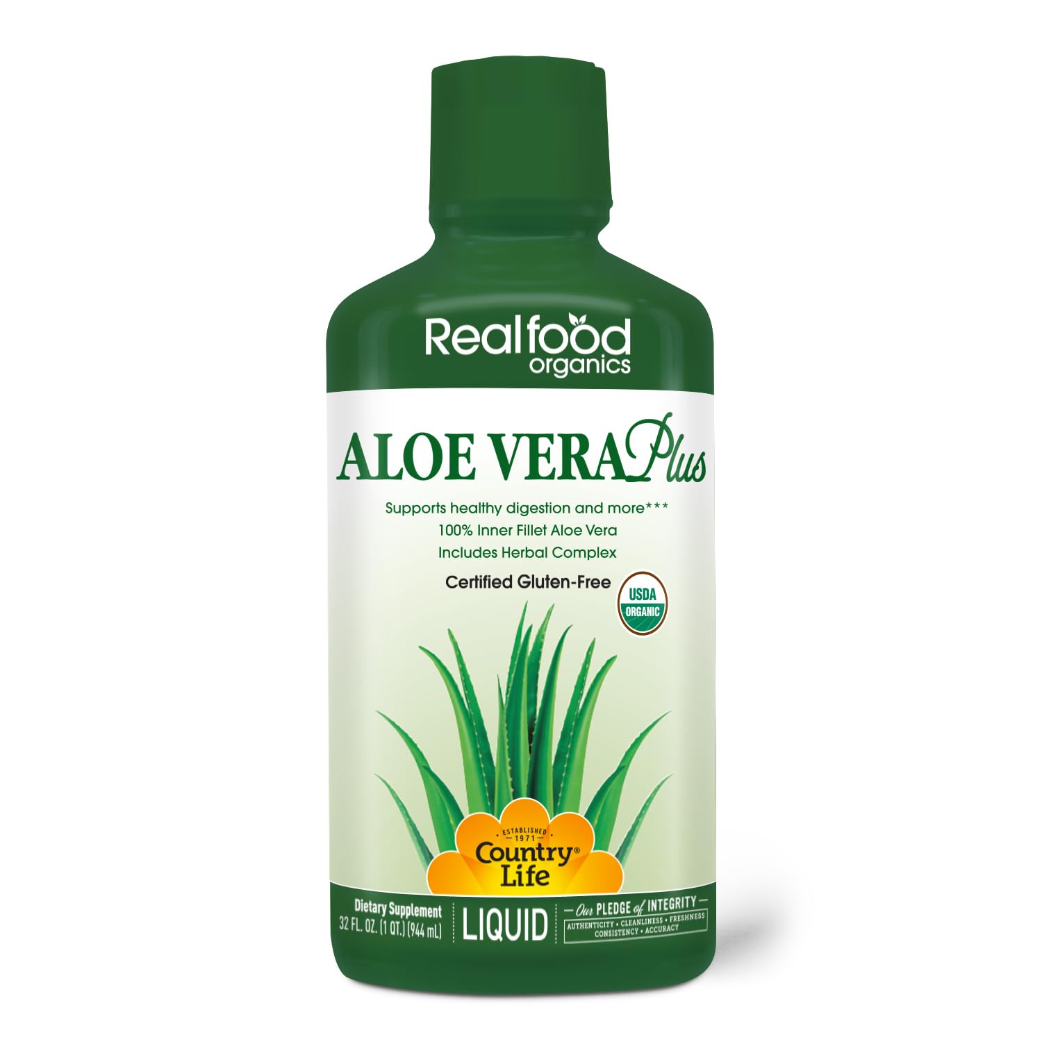 Country Life Realfood Aloe Vera Plus bottle pour shows smooth gel for digestive comfort.