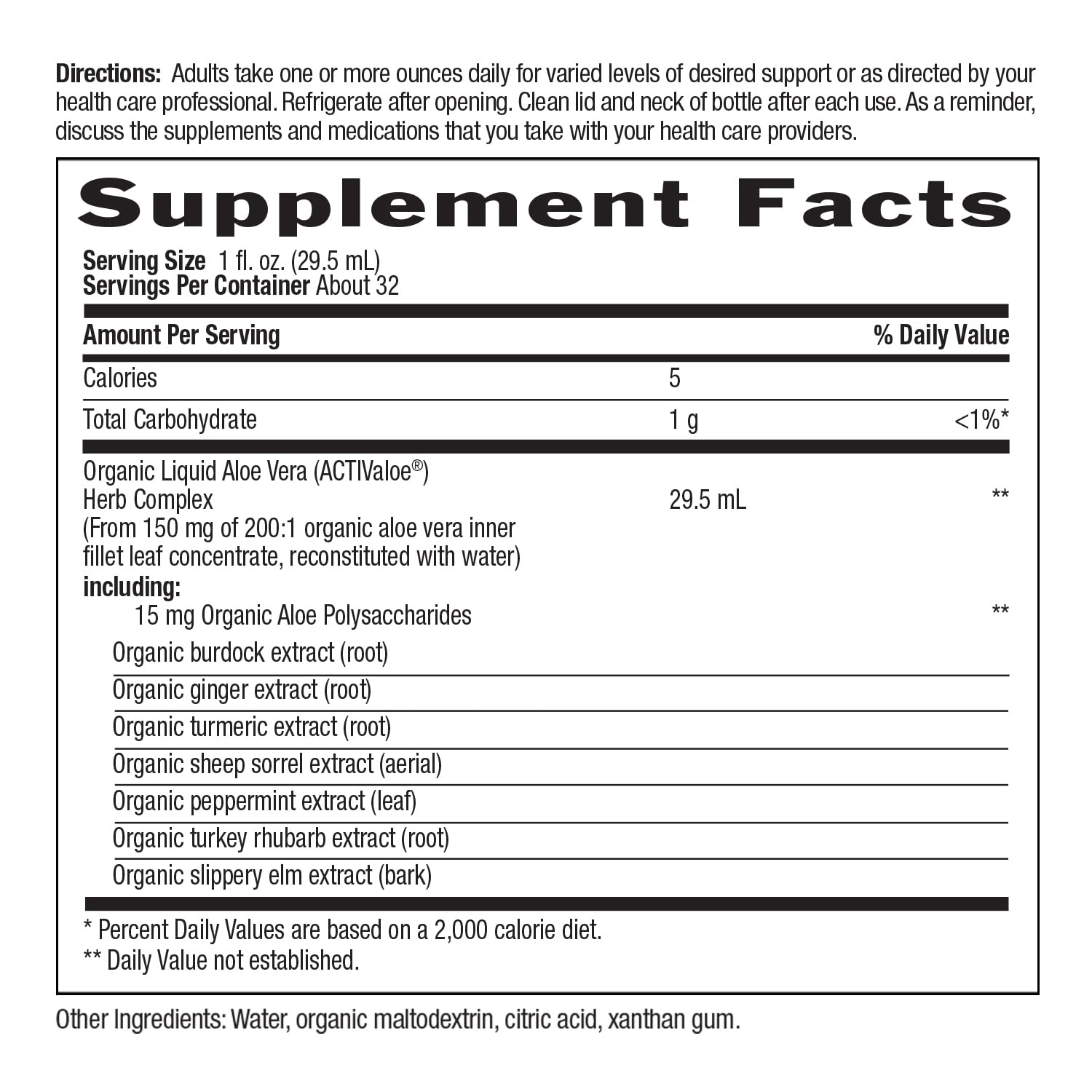 Country Life Realfood Aloe Vera Plus ingredients closeup with slippery elm and ginger.