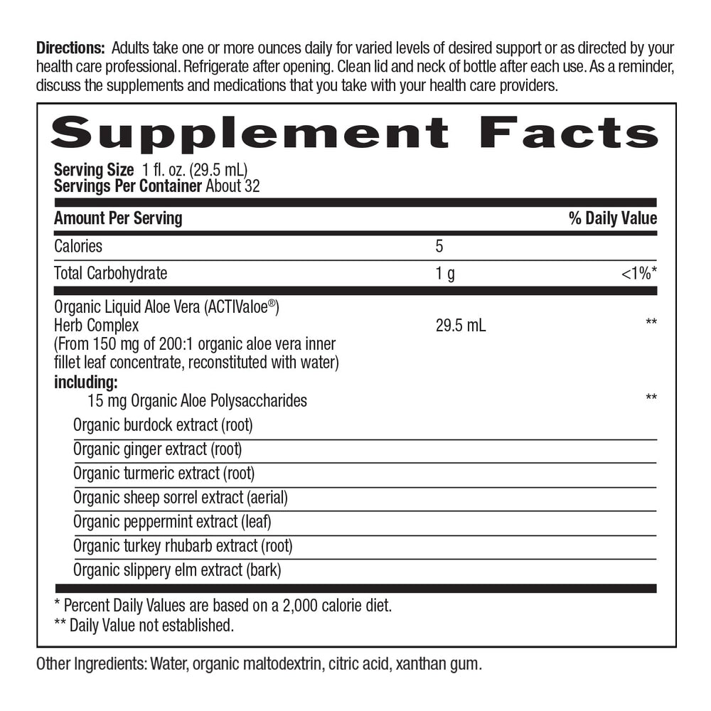 Country Life Realfood Aloe Vera Plus ingredients closeup with slippery elm and ginger.