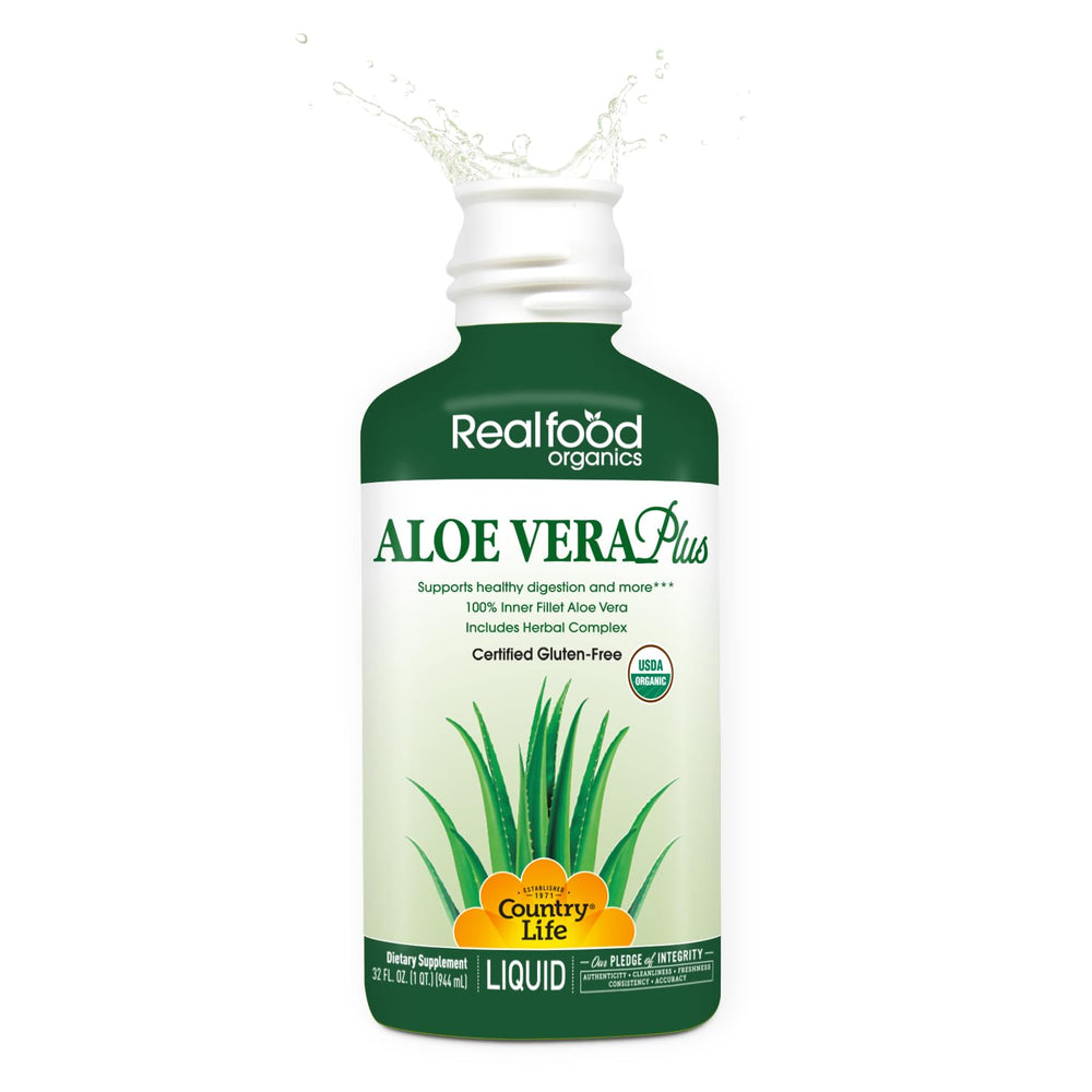 Country Life Realfood Aloe Vera Plus juice in glass ready for daily wellness.