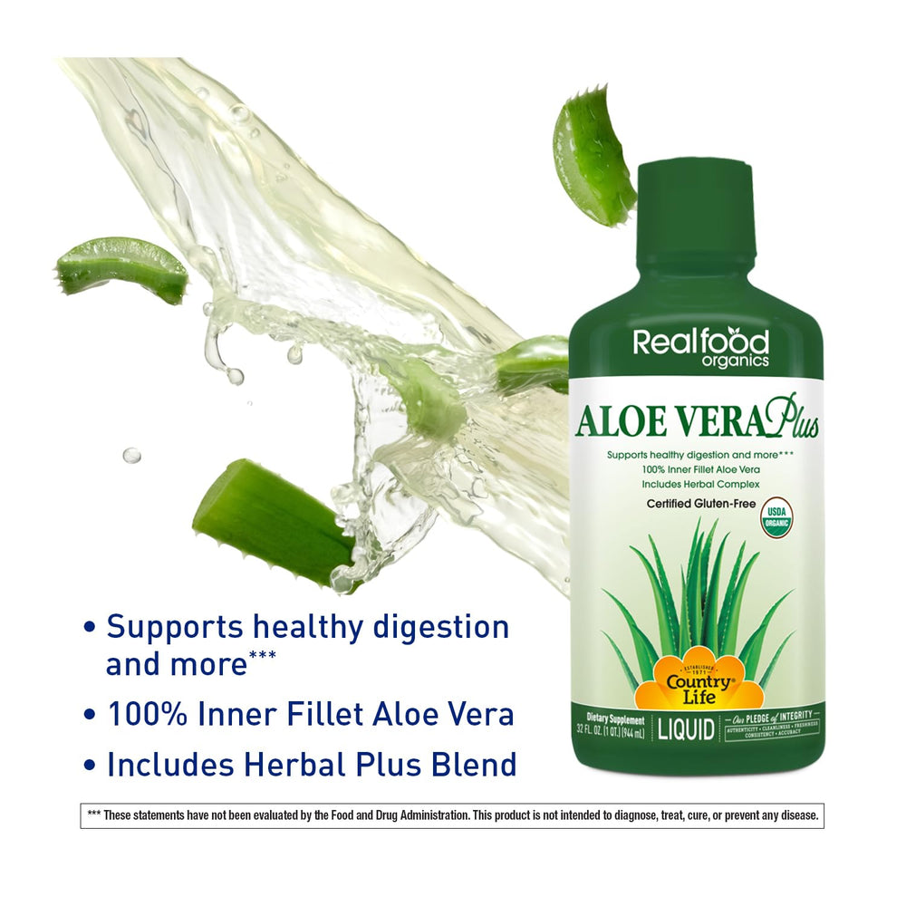 Country Life Realfood Aloe Vera Plus label closeup highlights ACTIValoe and organic ingredients.
