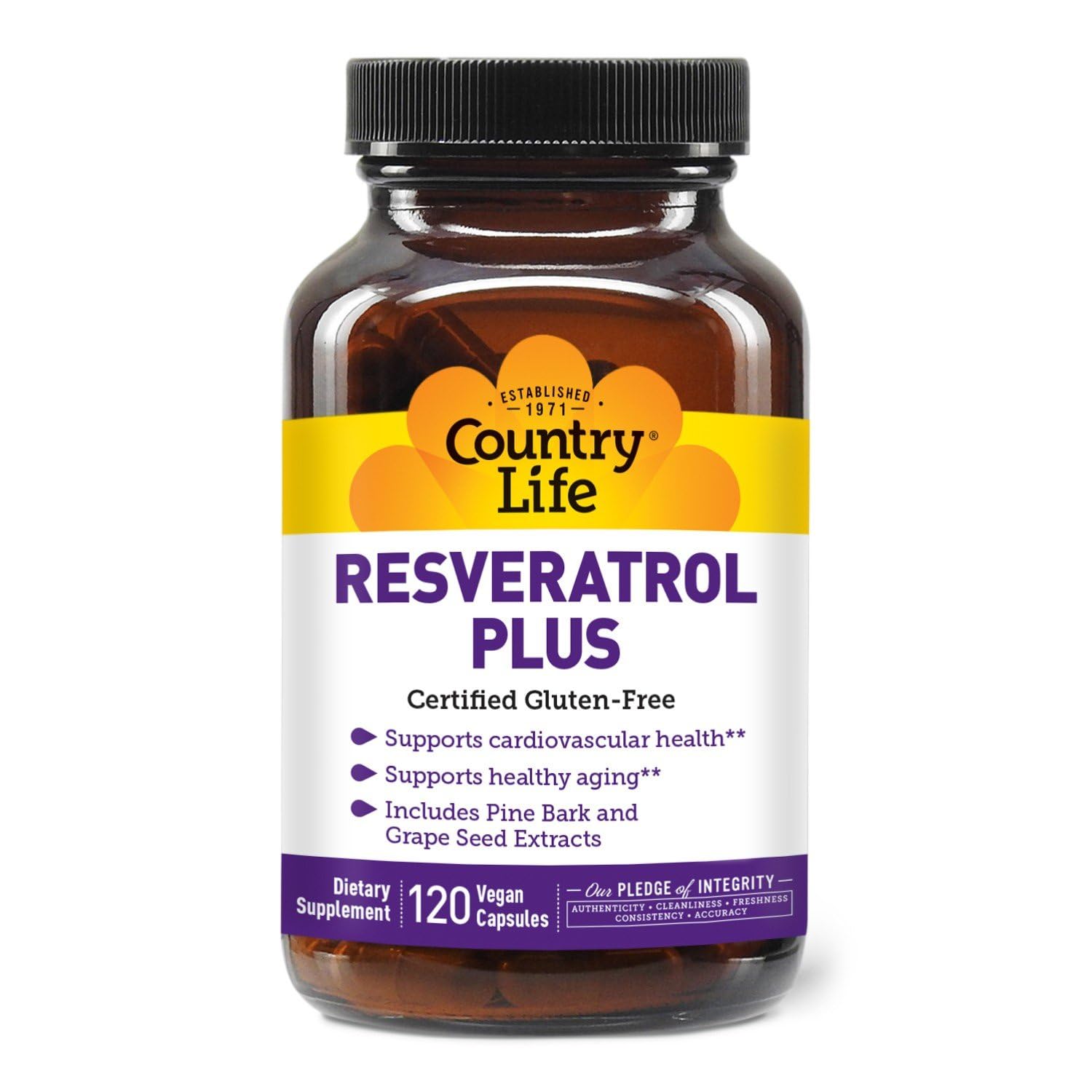 Country Life Resveratrol Plus bottle label highlighting antioxidant ingredients