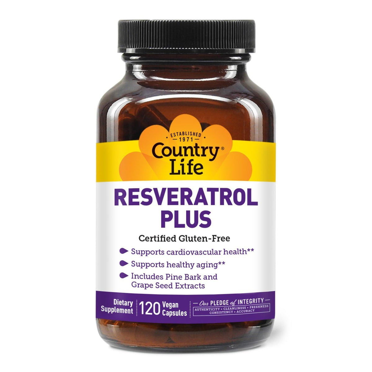 Country Life Resveratrol Plus bottle label highlighting antioxidant ingredients