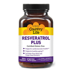 Country Life Resveratrol Plus bottle label highlighting antioxidant ingredients