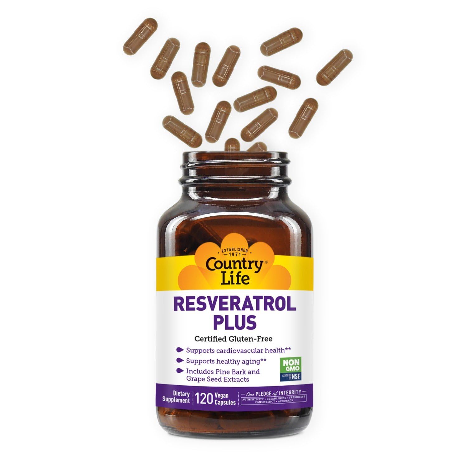 Country Life Resveratrol Plus capsule close-up emphasizes antioxidant support