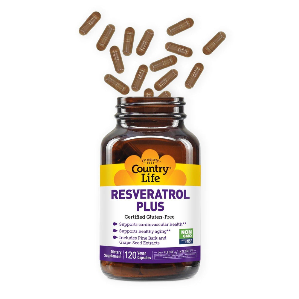 Country Life Resveratrol Plus capsule close-up emphasizes antioxidant support