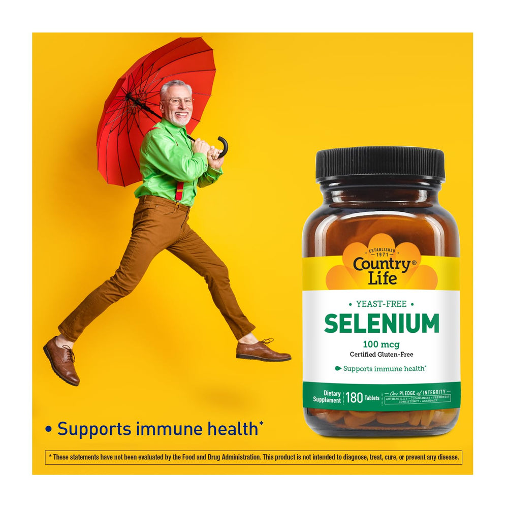 Country Life Selenium bottle open showing tablets for daily use