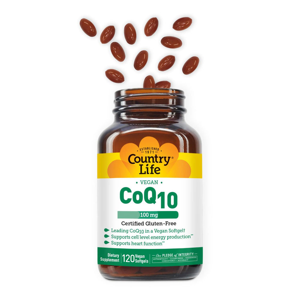 Country Life pledge of integrity text on CoQ10 bottle signaling trusted quality.