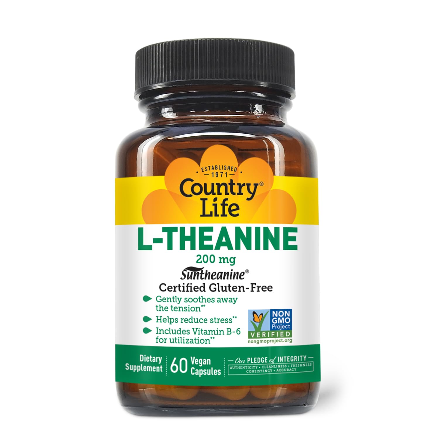 Country Life Suntheanine bottle showing the vegan, gluten-free formula for daily calm.
