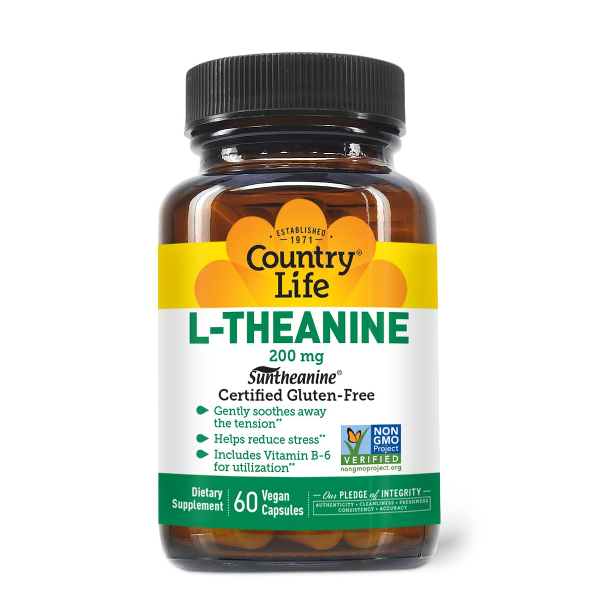 Country Life Suntheanine bottle showing the vegan, gluten-free formula for daily calm.