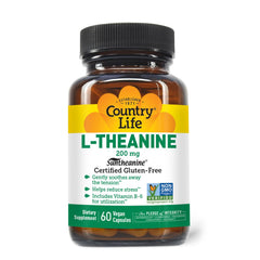Country Life Suntheanine bottle showing the vegan, gluten-free formula for daily calm.