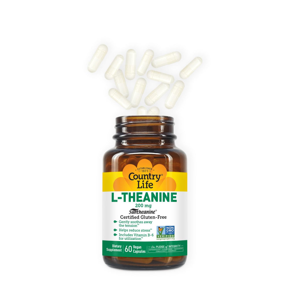 Country Life Suntheanine packaging on a shelf signals trusted wellness brand.