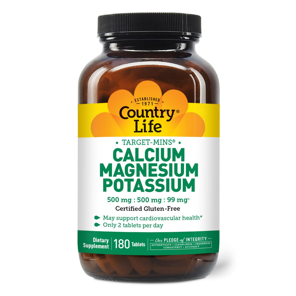 Country Life Target Mins bottle showing calcium, magnesium, and potassium for bone and heart support