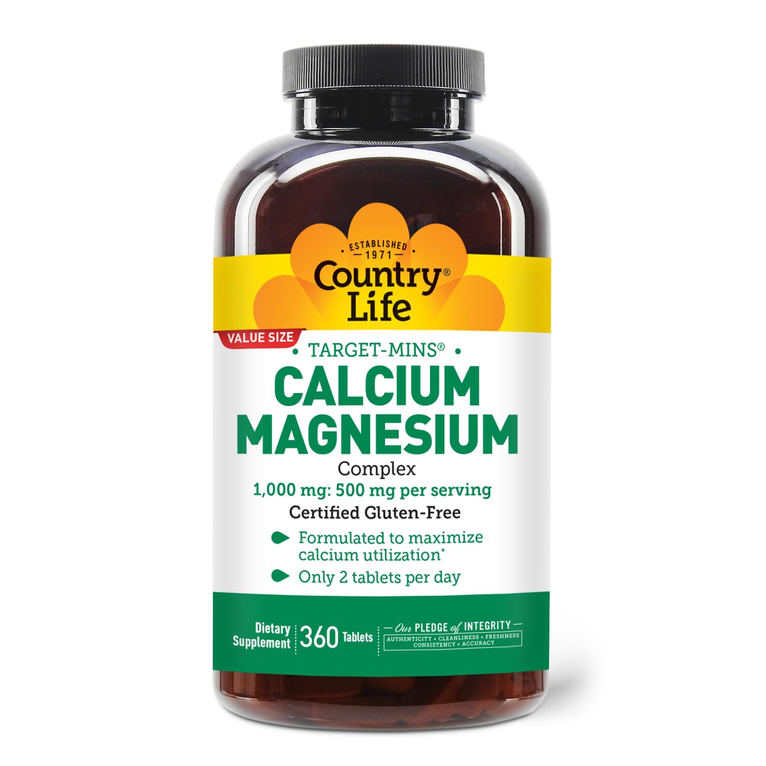 Country Life Target-Mins bottle label shows gluten-free, 2:1 mineral balance for bone support.