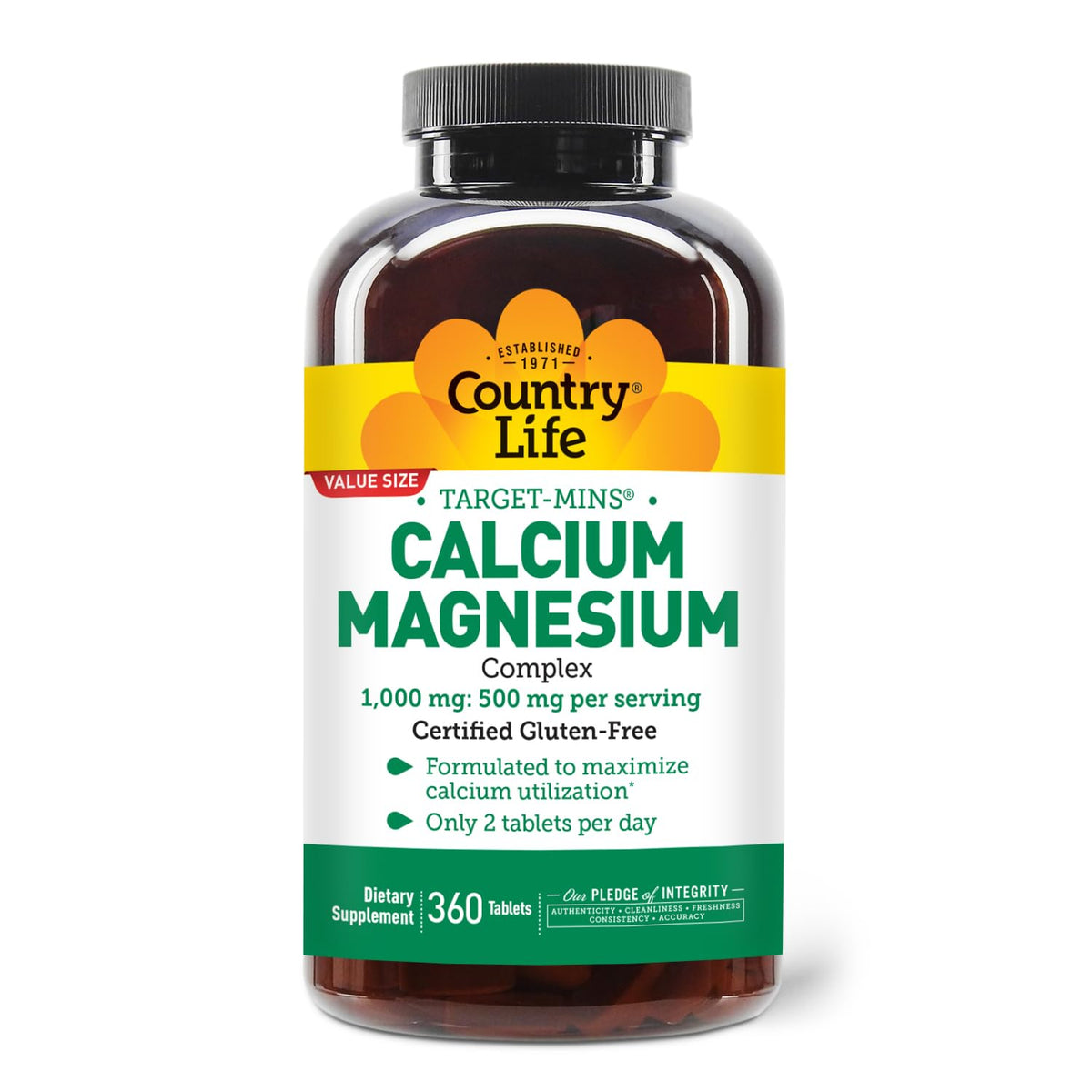Country Life Target-Mins bottle label shows gluten-free, 2:1 mineral balance for bone support.