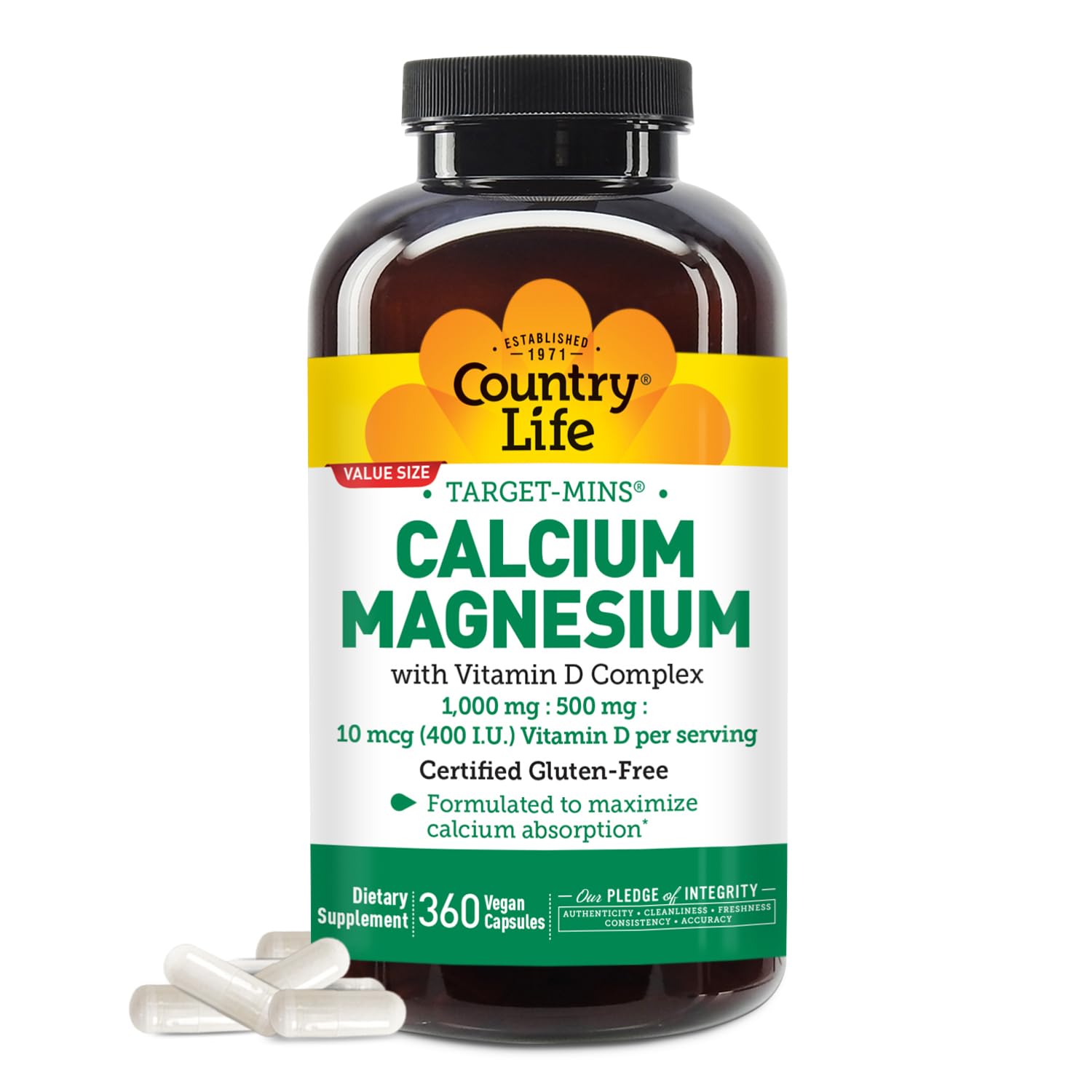 Country Life Target-Mins calcium-magnesium bottle closeup, vegan and gluten-free daily supplement.