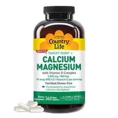 Country Life Target-Mins calcium-magnesium bottle closeup, vegan and gluten-free daily supplement.