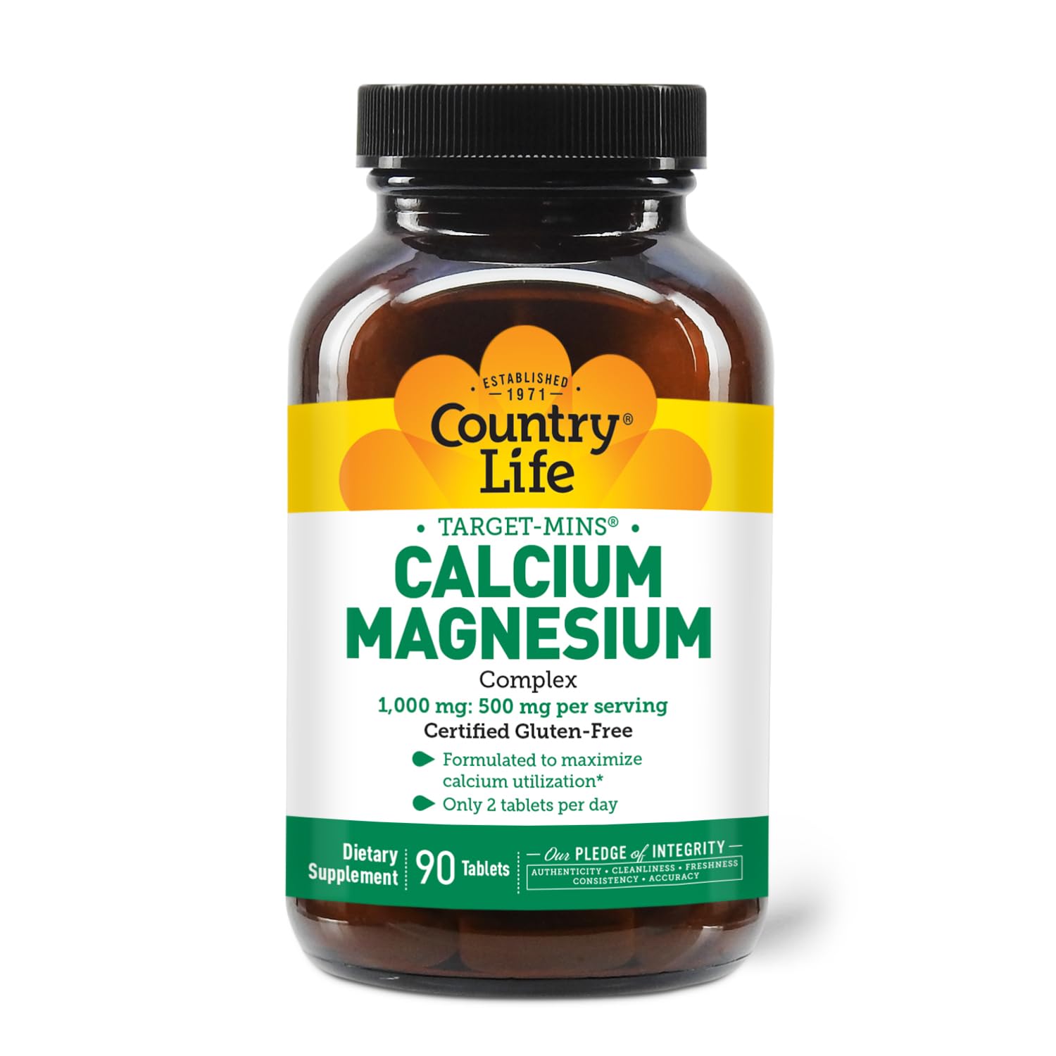 Closeup tablets of Country Life Target-Mins showing 1000mg calcium per serving.