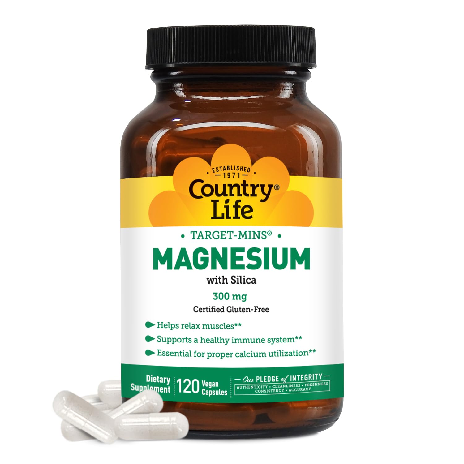 Country Life Target-Mins Magnesium bottle with capsules for daily muscle relaxation.
