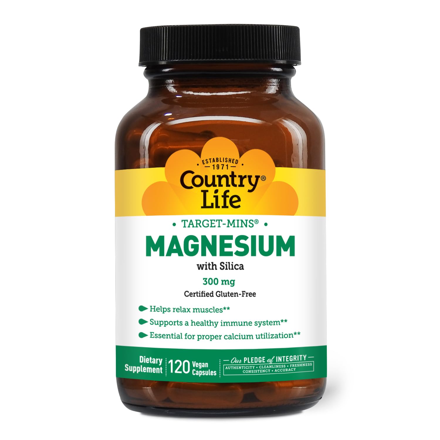 Country Life Target-Mins nutrition facts panel emphasizes magnesium content per capsule.