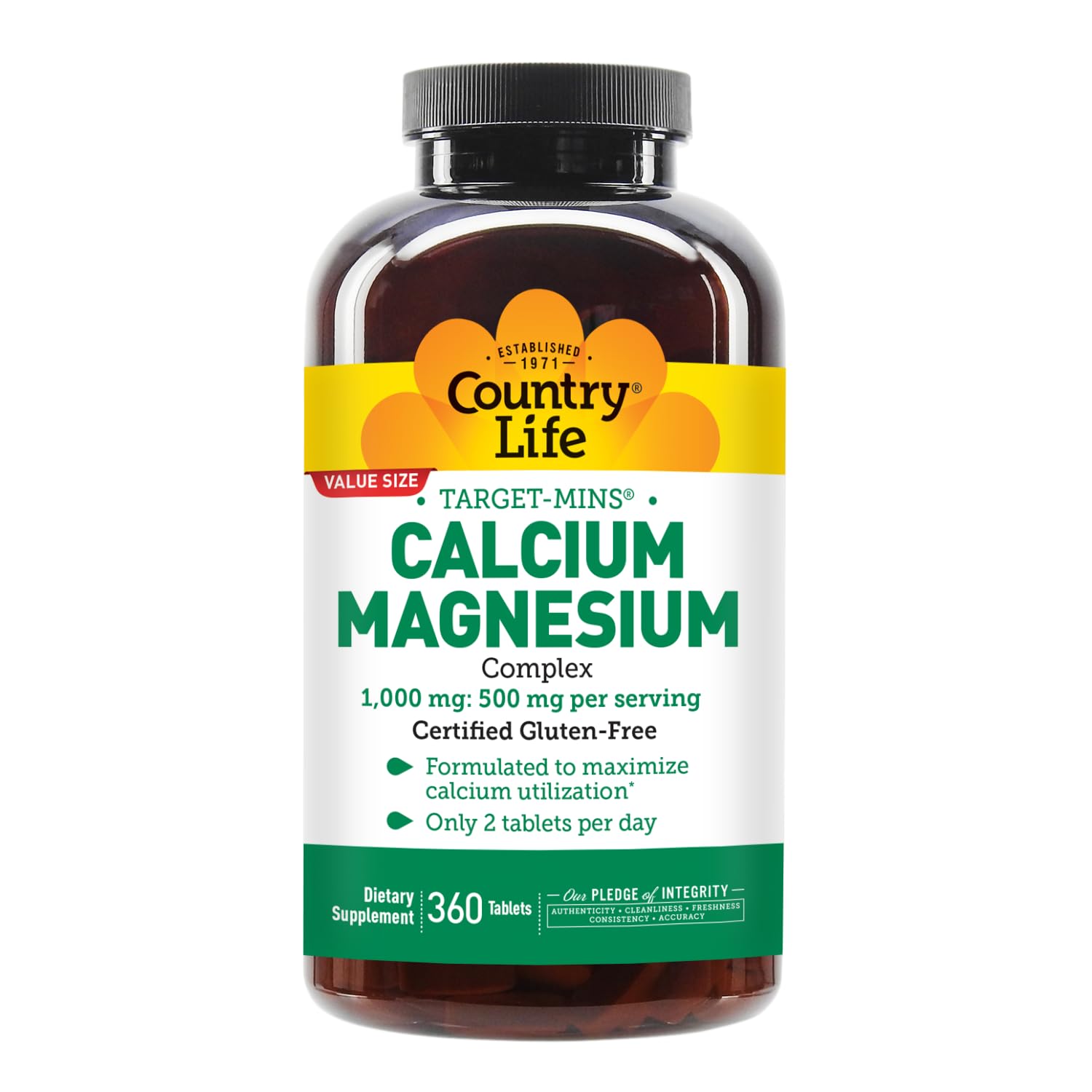 Country Life Target-Mins serving size graphic illustrates 1000 mg calcium and 500 mg magnesium.