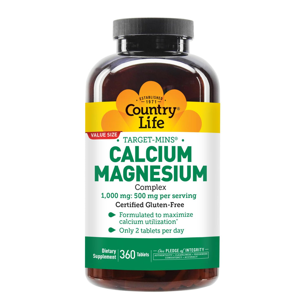 Country Life Target-Mins serving size graphic illustrates 1000 mg calcium and 500 mg magnesium.