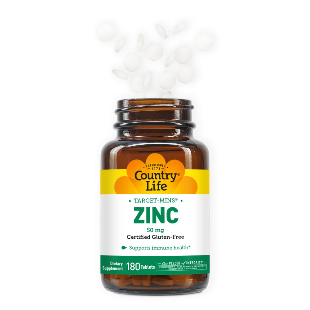 Country Life Target-Mins Zinc daily-use scene conveys convenient supplement routine.