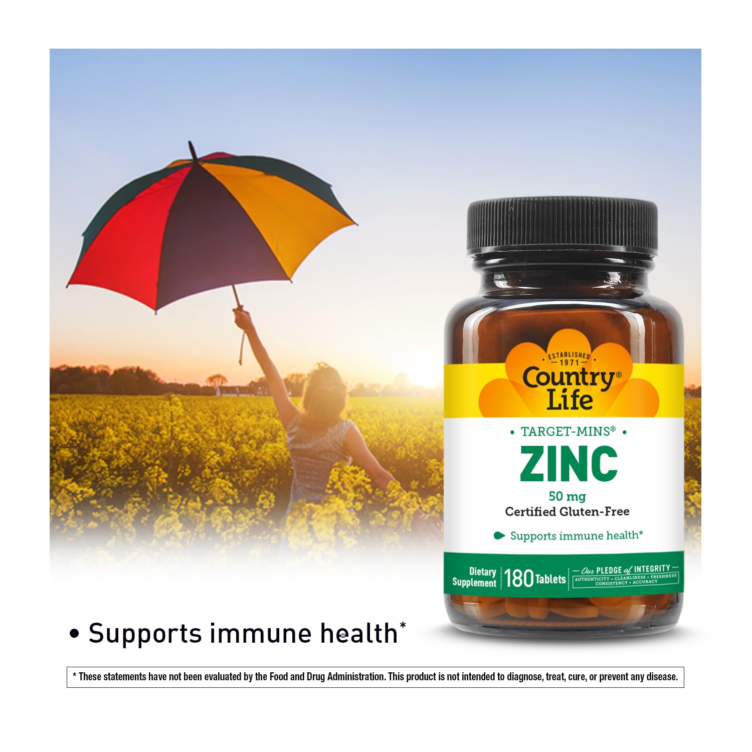 Country Life Target-Mins Zinc label closeup highlighting potency and quality.