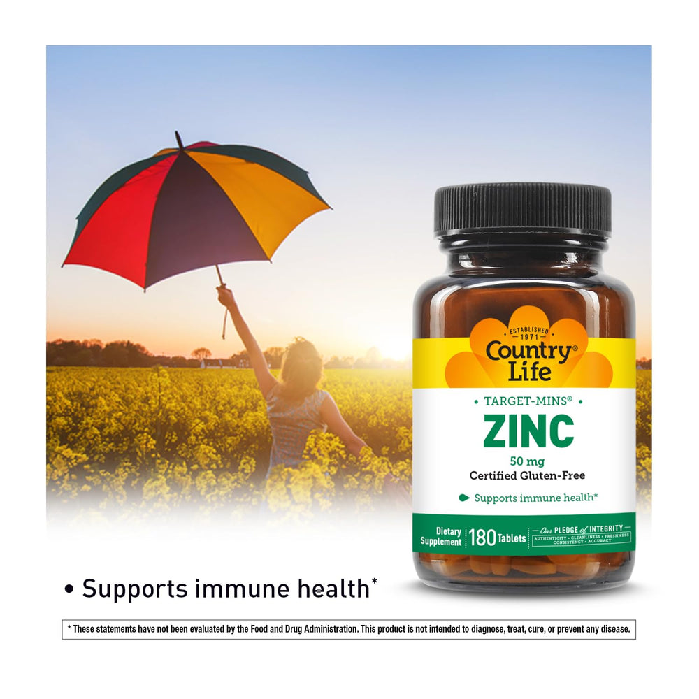 Country Life Target-Mins Zinc label closeup highlighting potency and quality.