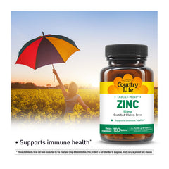 Country Life Target-Mins Zinc label closeup highlighting potency and quality.