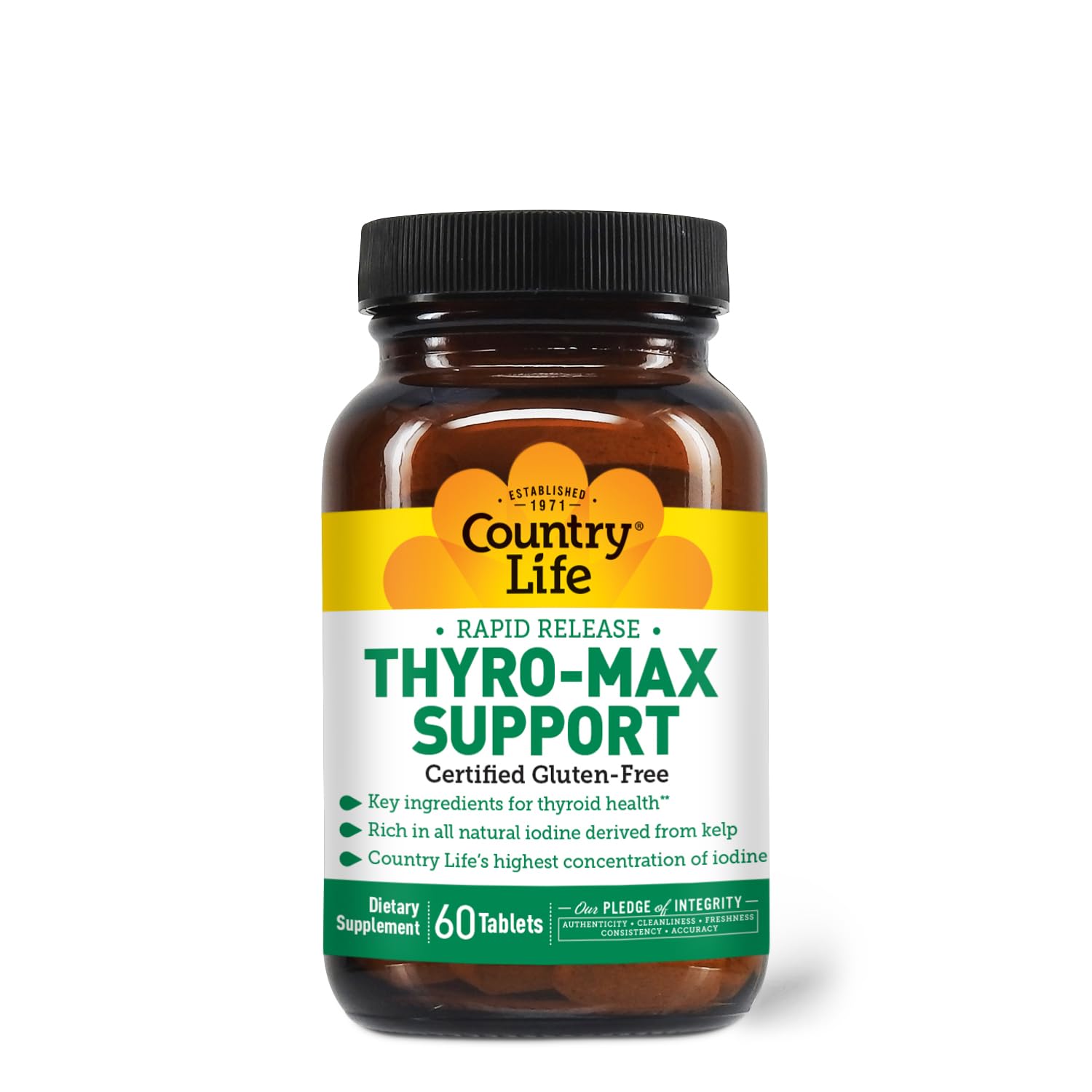 Country Life Thyro-Max Support bottle back showing dosage and certifications.