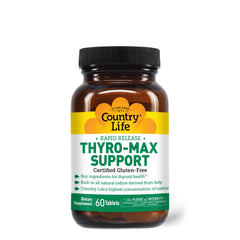 Country Life Thyro-Max Support bottle back showing dosage and certifications.