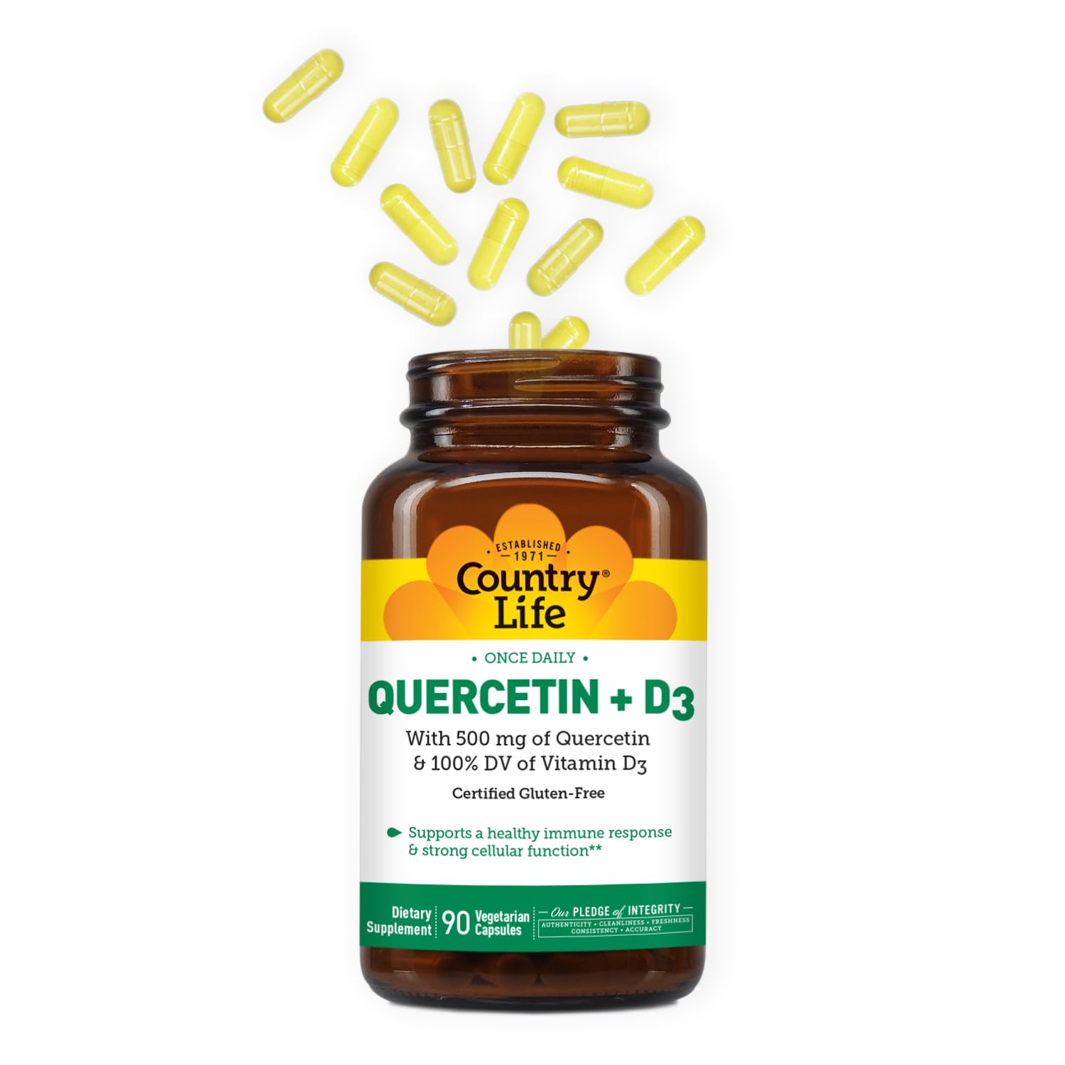 Display of vegetarian quercetin ingredients sourced from fruits and vegetables by Country Life.