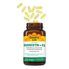 Display of vegetarian quercetin ingredients sourced from fruits and vegetables by Country Life.