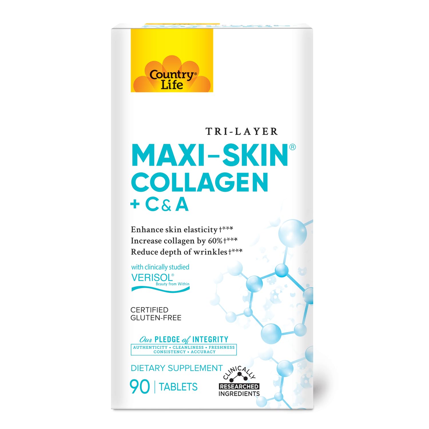 Country Life Verisol collagen tablets bottle shown, supporting skin elasticity and a youthful glow.