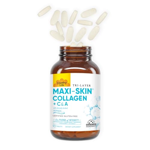 Country Life Verisol tablets close-up, illustrating easy-to-dissolve collagen peptides for daily use.
