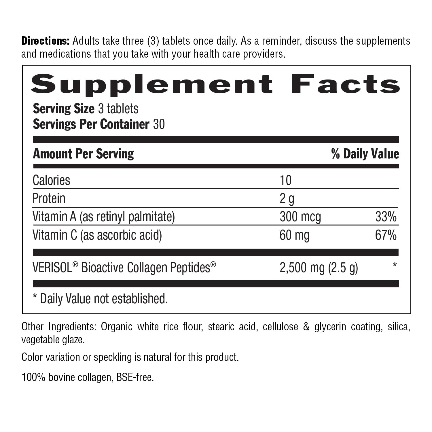 Country Life Verisol bottle next to a glass of water, portraying potential wrinkle depth reduction benefits.
