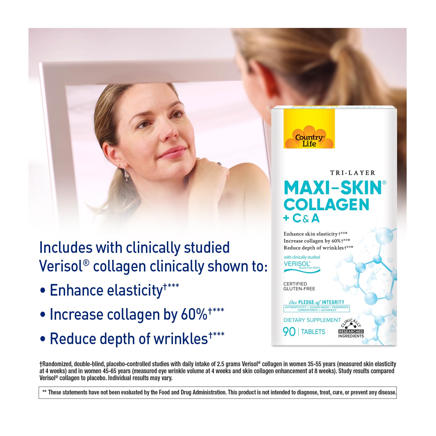 Country Life Verisol packaging, highlighting vitamin A and C support for radiant skin.