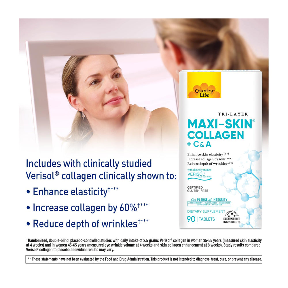 Country Life Verisol packaging, highlighting vitamin A and C support for radiant skin.