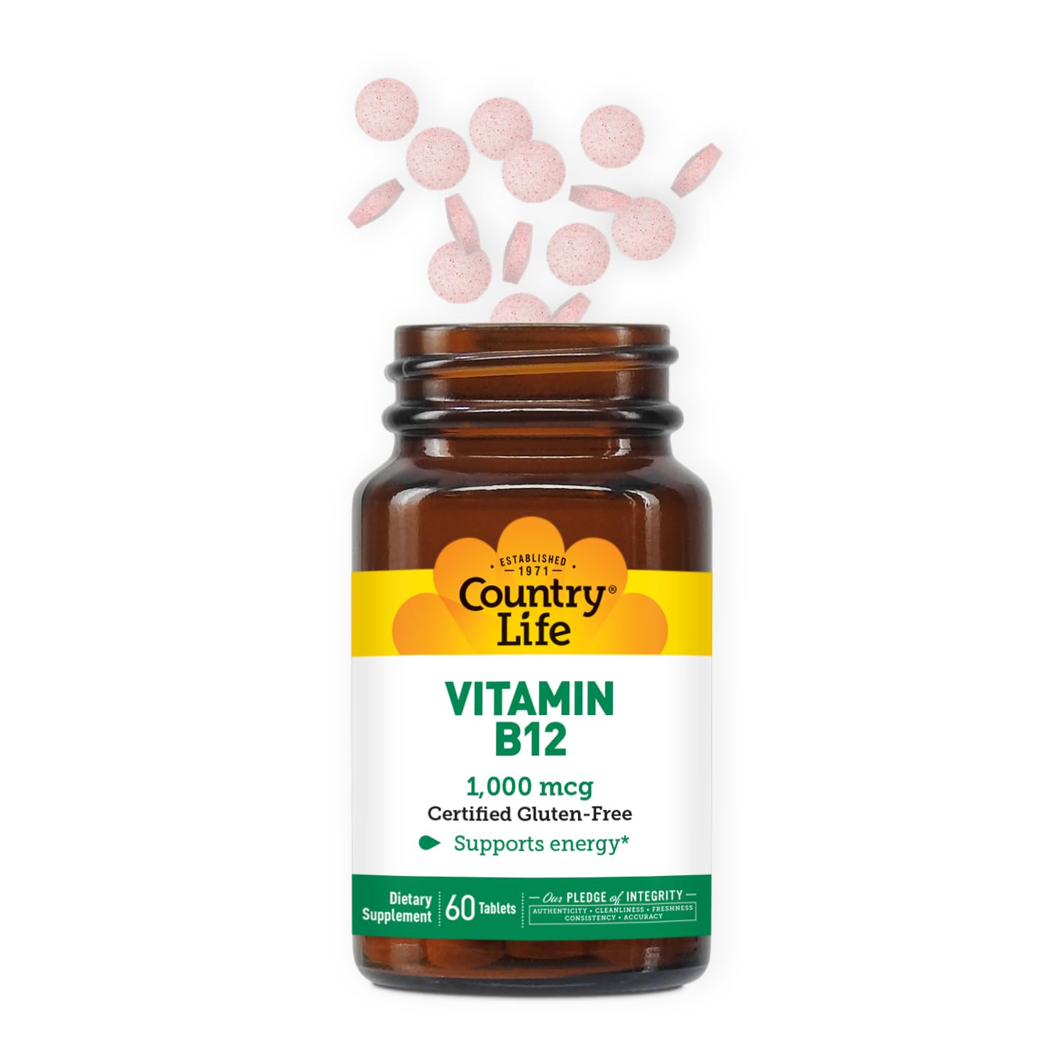 Country Life B12 tablets close-up highlighting 1000 mcg dosage.