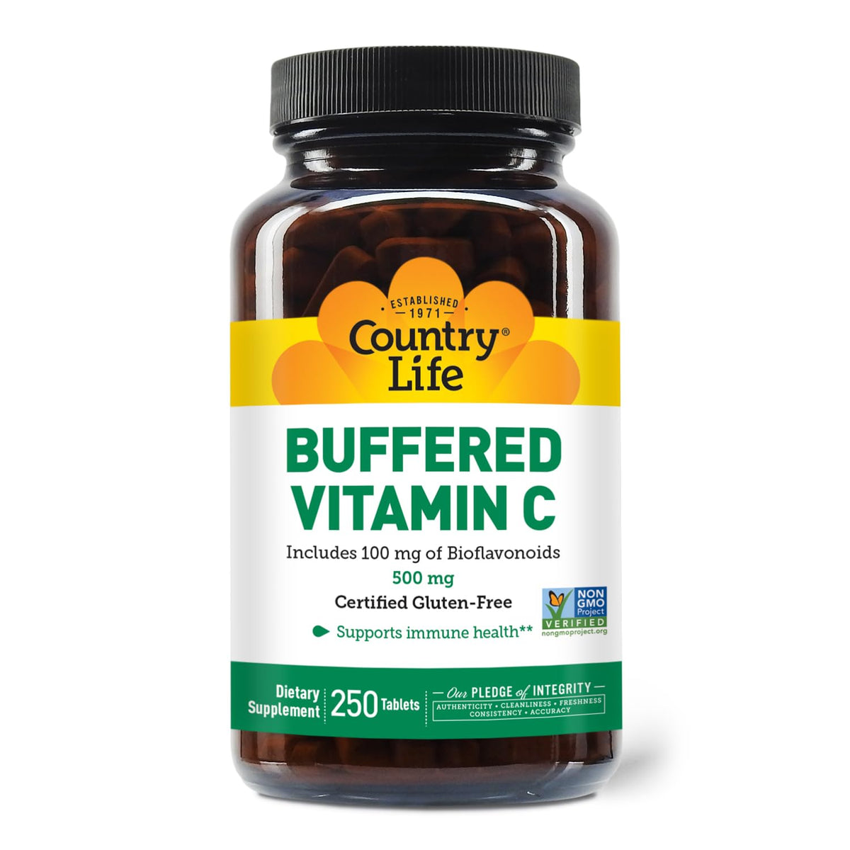 Country Life Vitamin C Buffered bottle with 500 mg tablets for daily immune support.