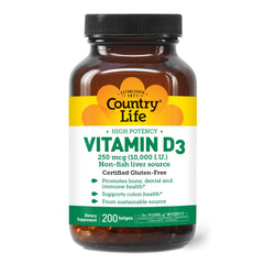 Country Life Vitamin D3 softgels bottle highlighting high potency formulation.