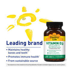 Country Life Vitamin D3 5000 IU capsules displayed for bone health
