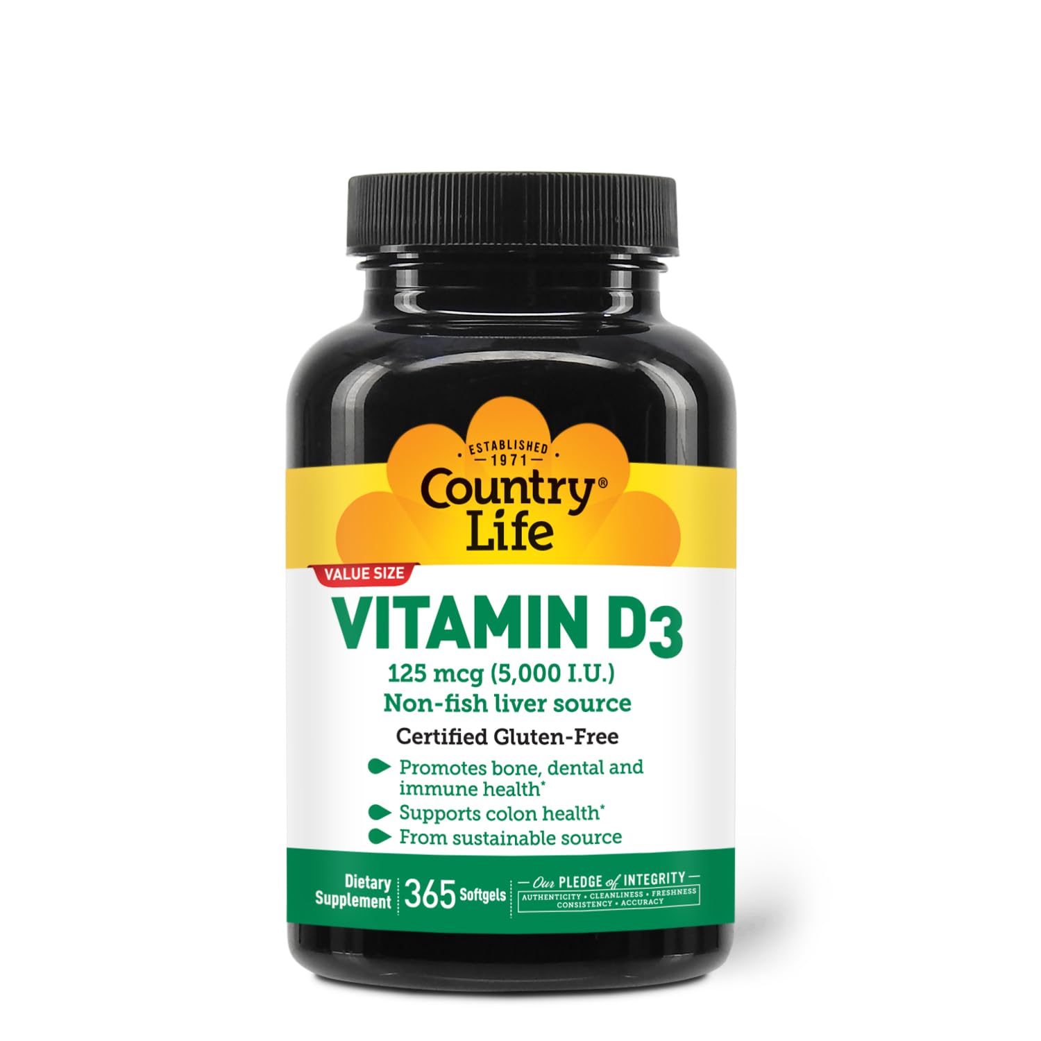 Country Life Vitamin D3 bottle front view showing 5000 IU for bone health.