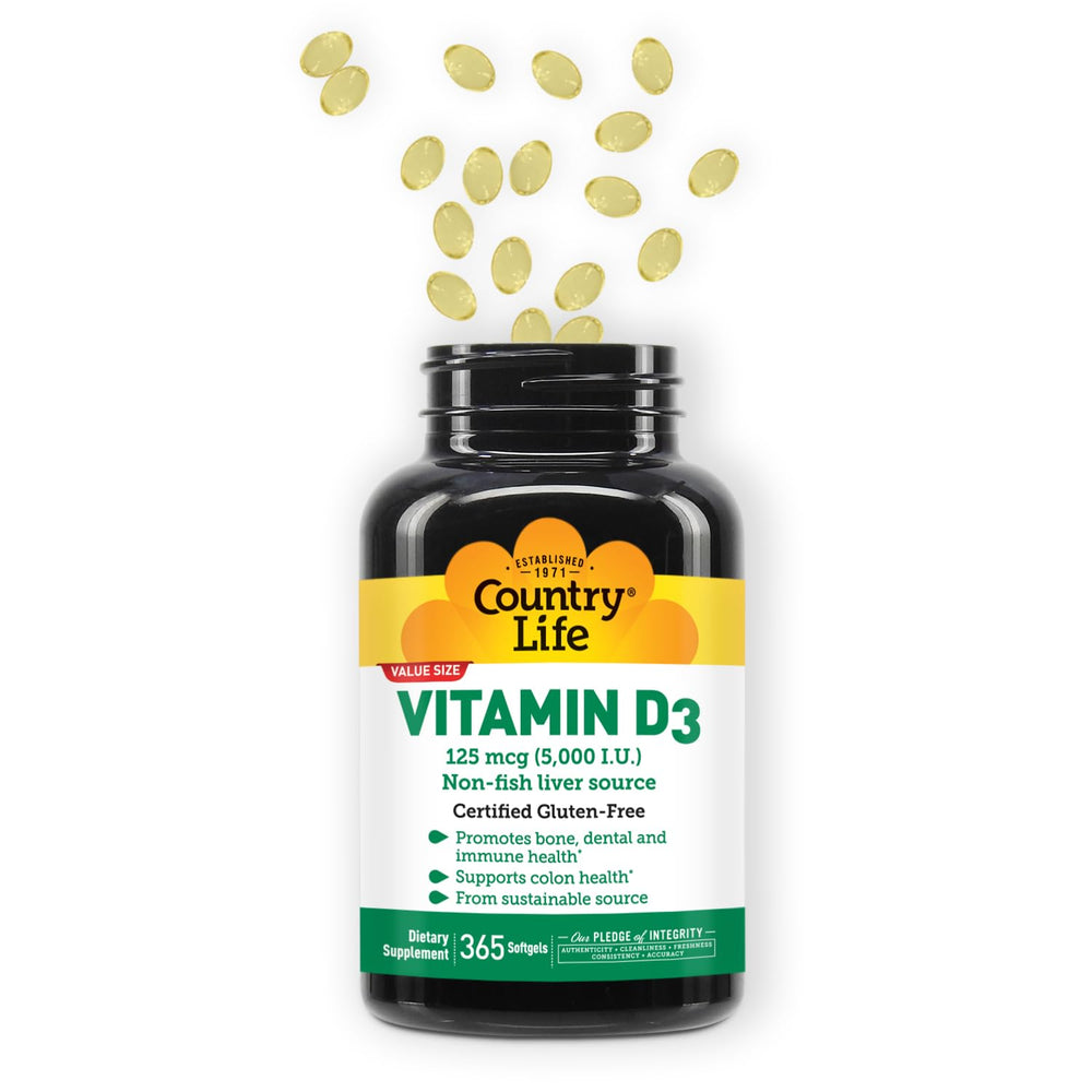 Country Life Vitamin D3 gluten-free symbol displayed on packaging.